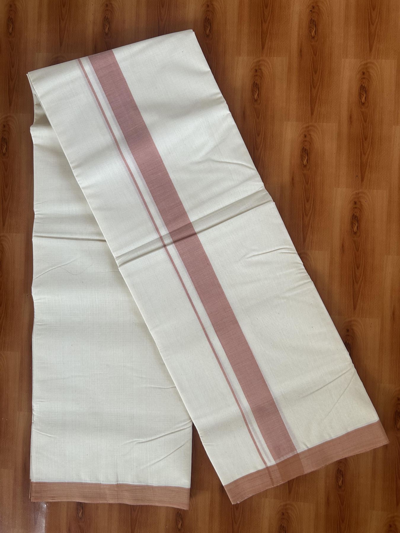 25% Discount! KaithariKada Handloom Millpaav - Kerala Handloom - Cotton Double Mundu/Dhoti Off white (Unbleached) - 80x90 - 1.25 inch Bronze Brown Mulloth Kara 3.60 meter (8 Muzham) - 23 KK5383 RAM