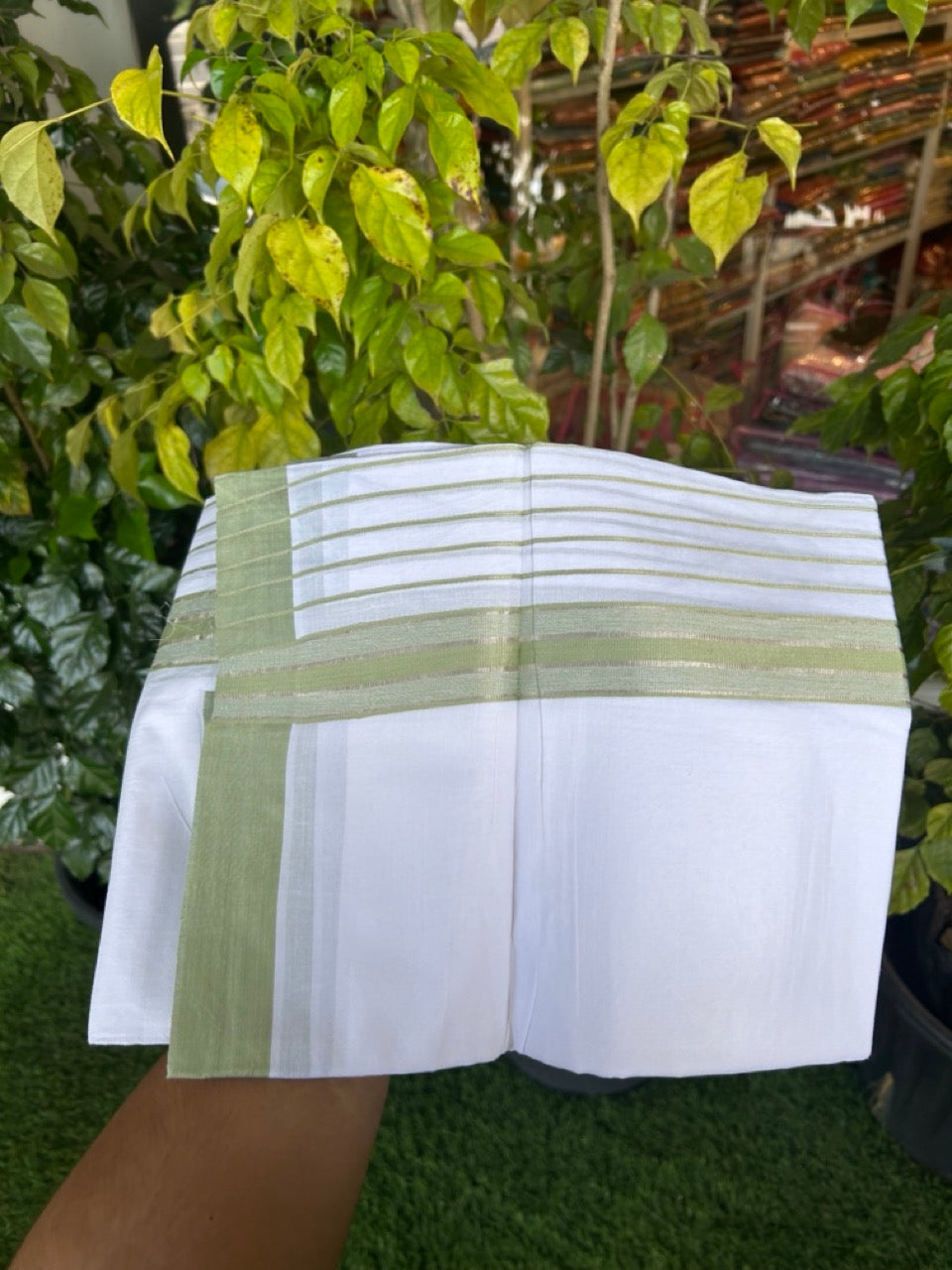 20% Discount ! KaithariKada Balaramapuram 100% Cotton Double Pure White Mundu/Dhoti - 100X80 - 6.5 inch Silver Kasav & Light Green Stripes kara 3.90 mtr (8 muzham) - 13 KK5305 PMC