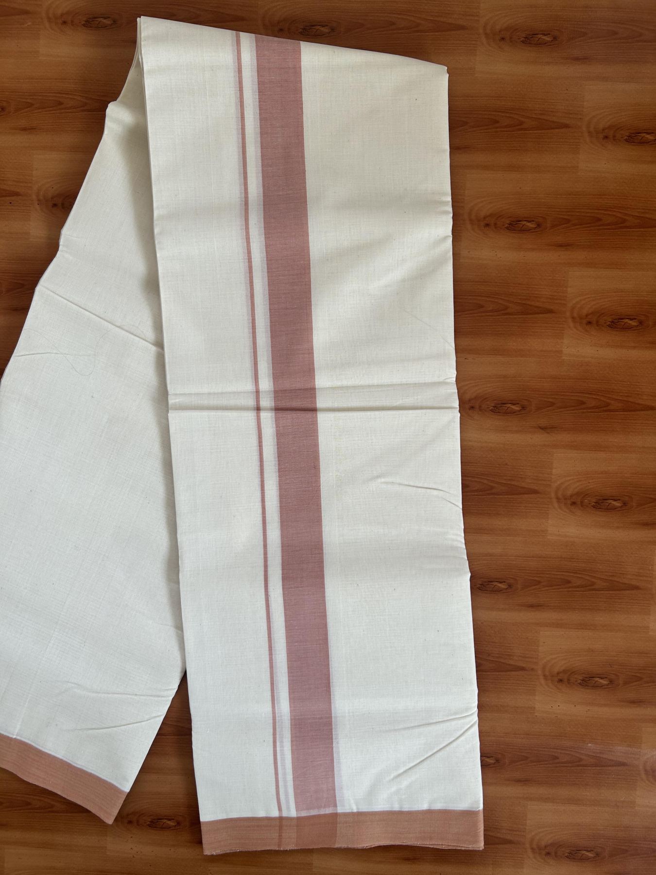 25% Discount! KaithariKada Handloom Millpaav - Kerala Handloom - Cotton Double Mundu/Dhoti Off white (Unbleached) - 80x90 - 1.25 inch Bronze Brown Mulloth Kara 3.60 meter (8 Muzham) - 23 KK5383 RAM