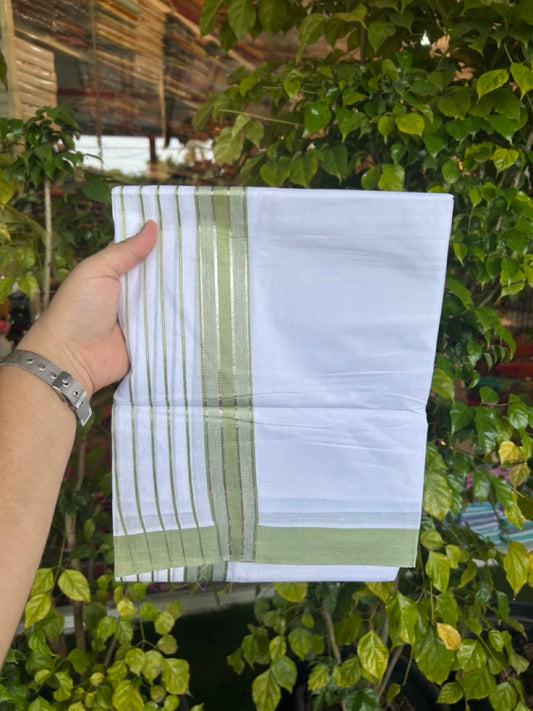 20% Discount ! KaithariKada Balaramapuram 100% Cotton Double Pure White Mundu/Dhoti - 100X80 - 6.5 inch Silver Kasav & Light Green Stripes kara 3.90 mtr (8 muzham) - 13 KK5305 PMC