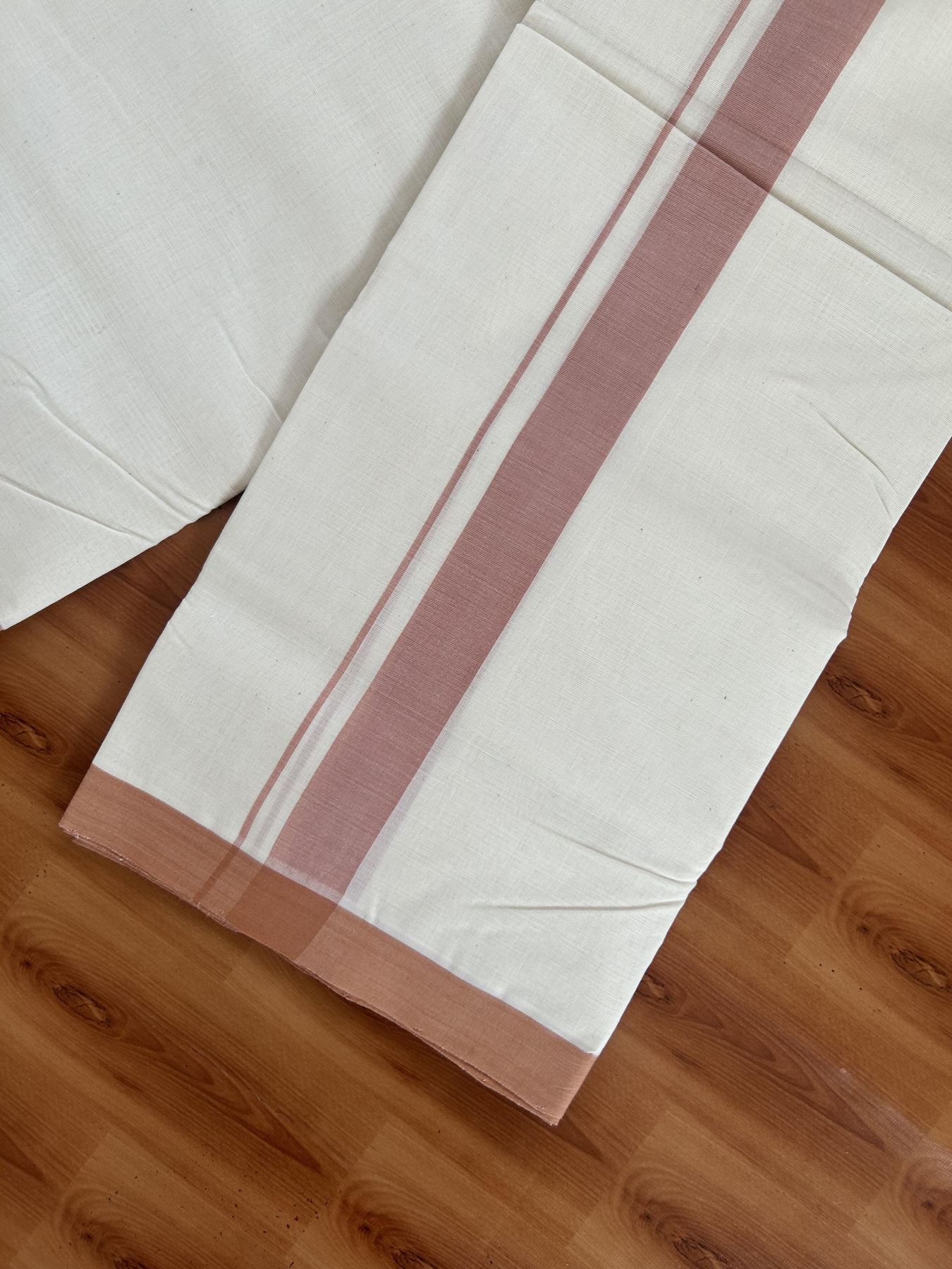 25% Discount! KaithariKada Handloom Millpaav - Kerala Handloom - Cotton Double Mundu/Dhoti Off white (Unbleached) - 80x90 - 1.25 inch Bronze Brown Mulloth Kara 3.60 meter (8 Muzham) - 23 KK5383 RAM
