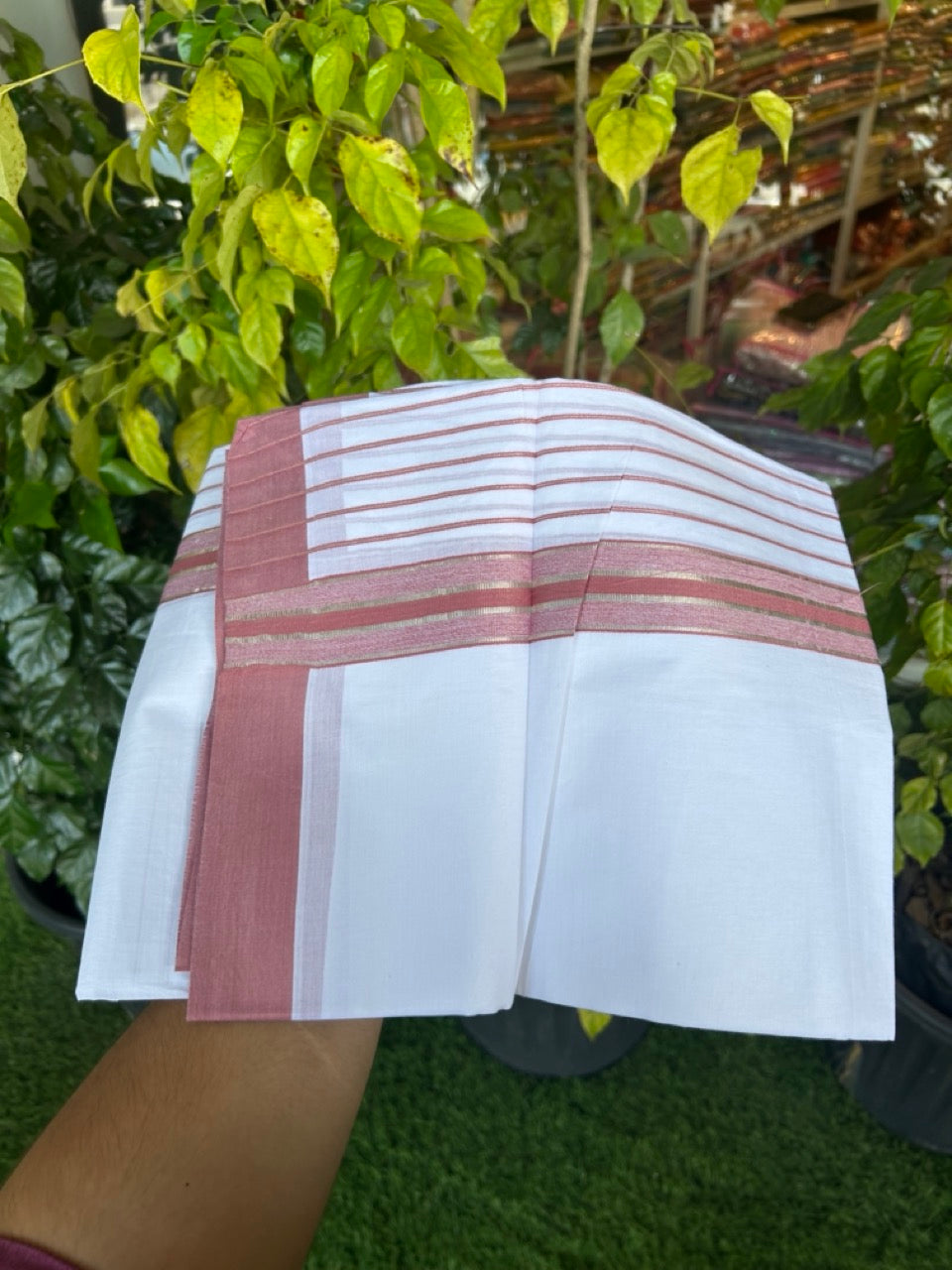 20% Discount ! KaithariKada Balaramapuram 100% Cotton Double Pure White Mundu/Dhoti - 100X80 - 6.5 inch Silver Kasav & Dusty Rose Stripes kara 3.90 mtr (8 muzham) - 12 KK5305 PMC