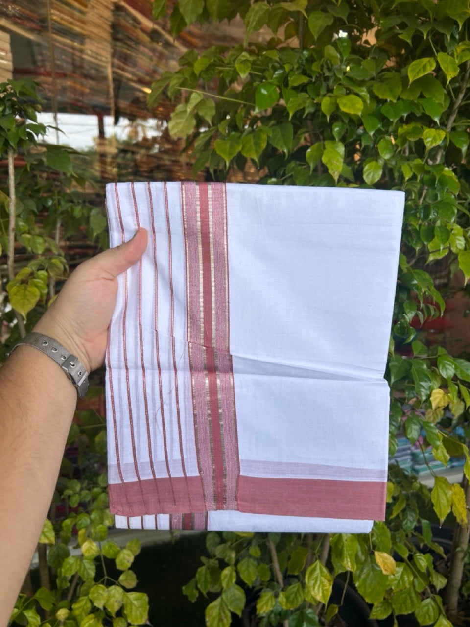 20% Discount ! KaithariKada Balaramapuram 100% Cotton Double Pure White Mundu/Dhoti - 100X80 - 6.5 inch Silver Kasav & Dusty Rose Stripes kara 3.90 mtr (8 muzham) - 12 KK5305 PMC