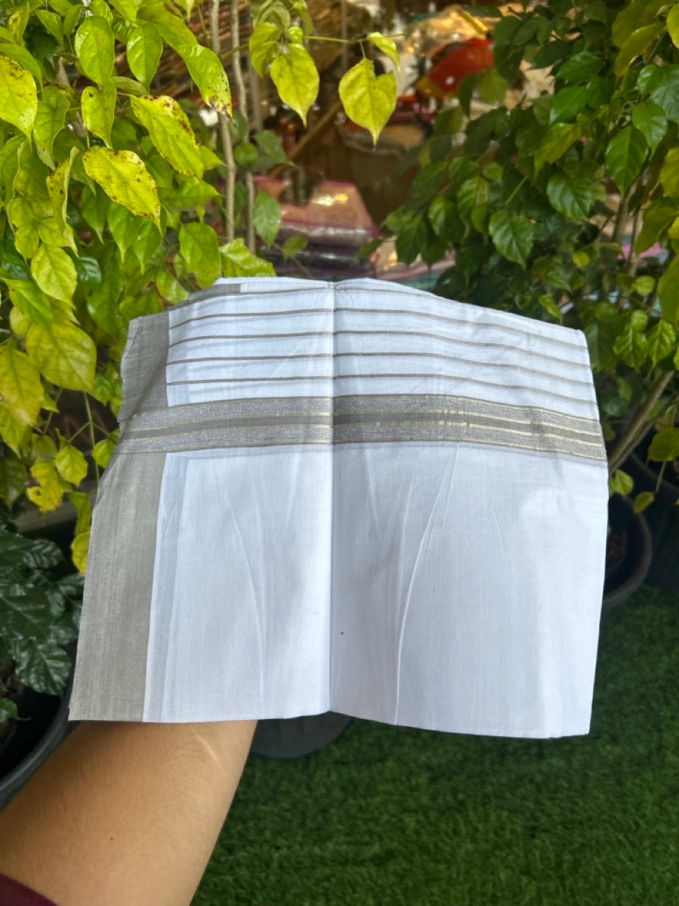 20% Discount ! KaithariKada Balaramapuram 100% Cotton Double Pure White Mundu/Dhoti - 100X80 - 6.5 inch Silver Kasav & Grey Stripes kara 3.90 mtr (8 muzham) - 11 KK5305 PMC