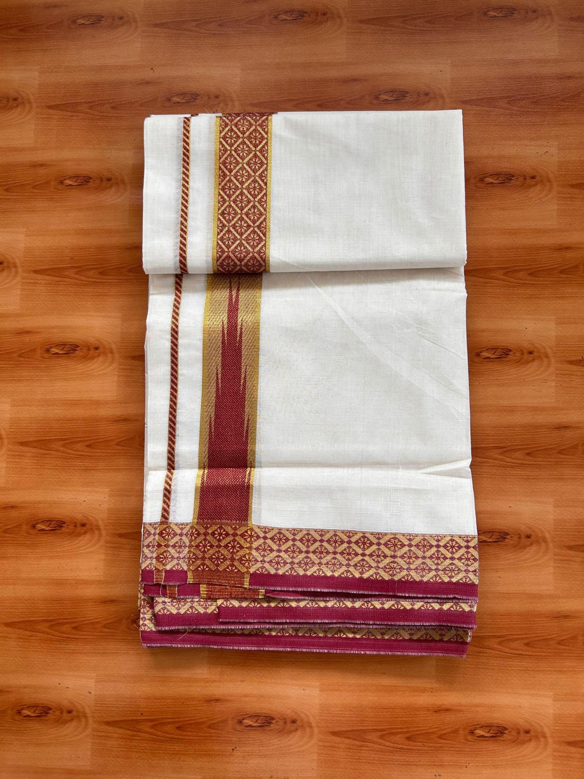 Double Off White (Unbleached) Mund/Dhoti - 20% Discount! KaithariKada 100% Cotton - 100x80- 1.75 inch Maroon Gold Kasav Jacquard Design Chutty Kara 4 mtr (8.5 Muzham) - 13 KK5520 PMC