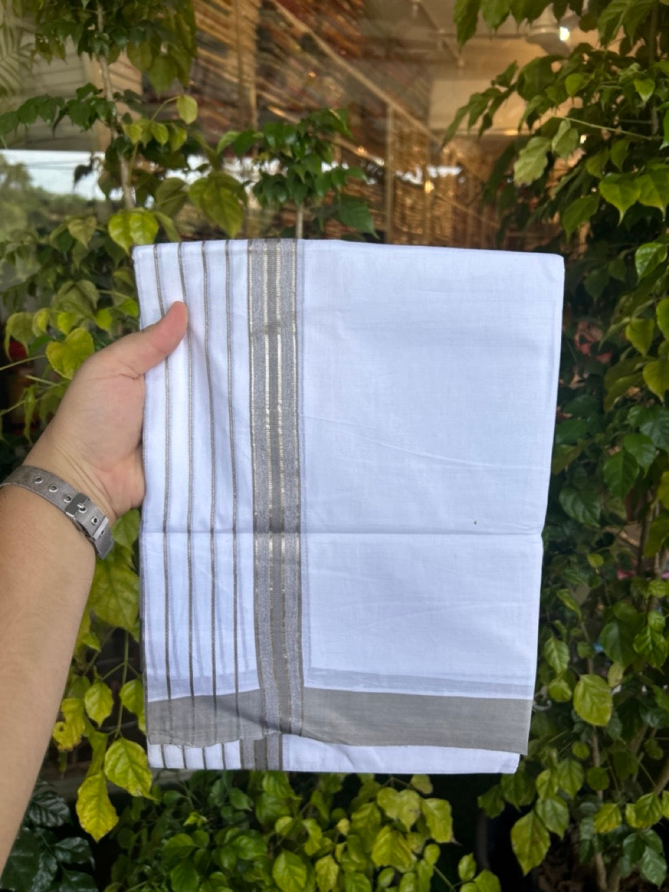 20% Discount ! KaithariKada Balaramapuram 100% Cotton Double Pure White Mundu/Dhoti - 100X80 - 6.5 inch Silver Kasav & Grey Stripes kara 3.90 mtr (8 muzham) - 11 KK5305 PMC