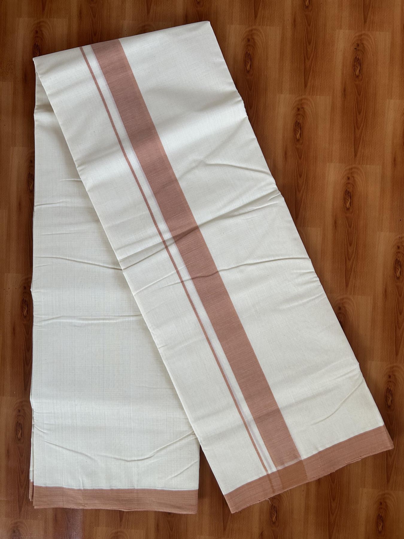 25% Discount! KaithariKada Handloom Millpaav - Kerala Handloom - Cotton Double Mundu/Dhoti Off white (Unbleached) - 80x90 - 1.25 inch Light Orange Brown Mulloth Kara 3.60 meter (8 Muzham) - 21 KK5383 RAM