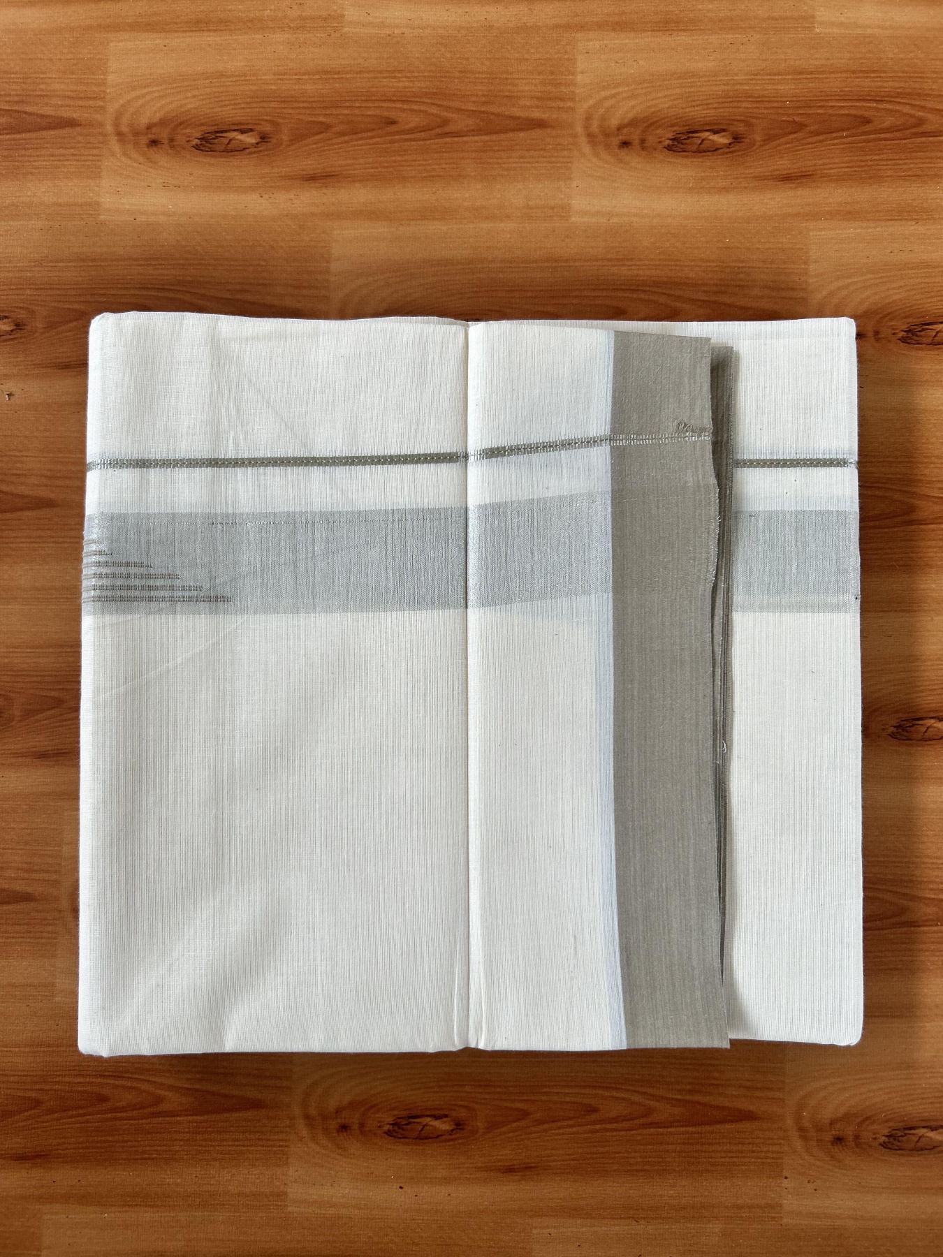 Double Off White (Unbleached) Mundu/Dhoti- 20% Discount! KaithariKada Pure Cotton - 100X80 - 1.25 inch Silver Kasav Shaded & Sand Brown Stripes Jacquard Design Kara - 4 mtr (8.5 Muzham) - 93 KK5452 THI