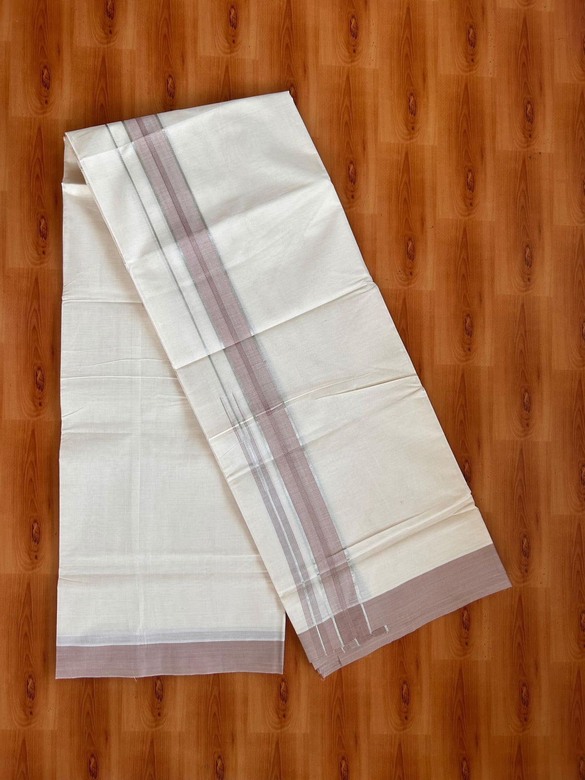 Double Off White (Unbleached) Mundu/Dhoti - 20% Discount! KaithariKada 100% Cotton - 80X90 - 1.5 inch Rose Beige Silver Kasav Chutty Kara 4 mtr (8.5 Muzham) - 14 KK5520 PMC