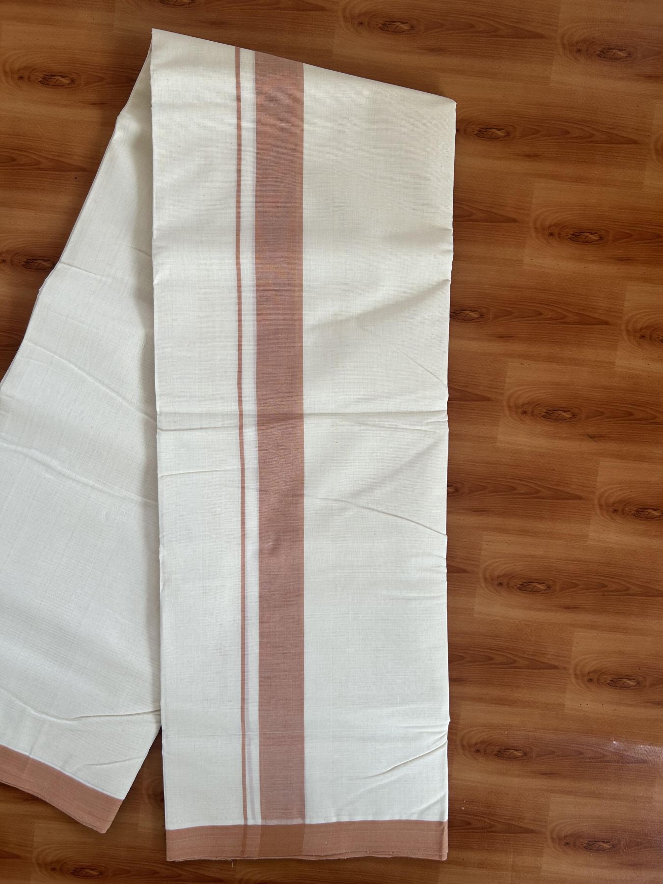 25% Discount! KaithariKada Handloom Millpaav - Kerala Handloom - Cotton Double Mundu/Dhoti Off white (Unbleached) - 80x90 - 1.25 inch Light Orange Brown Mulloth Kara 3.60 meter (8 Muzham) - 21 KK5383 RAM