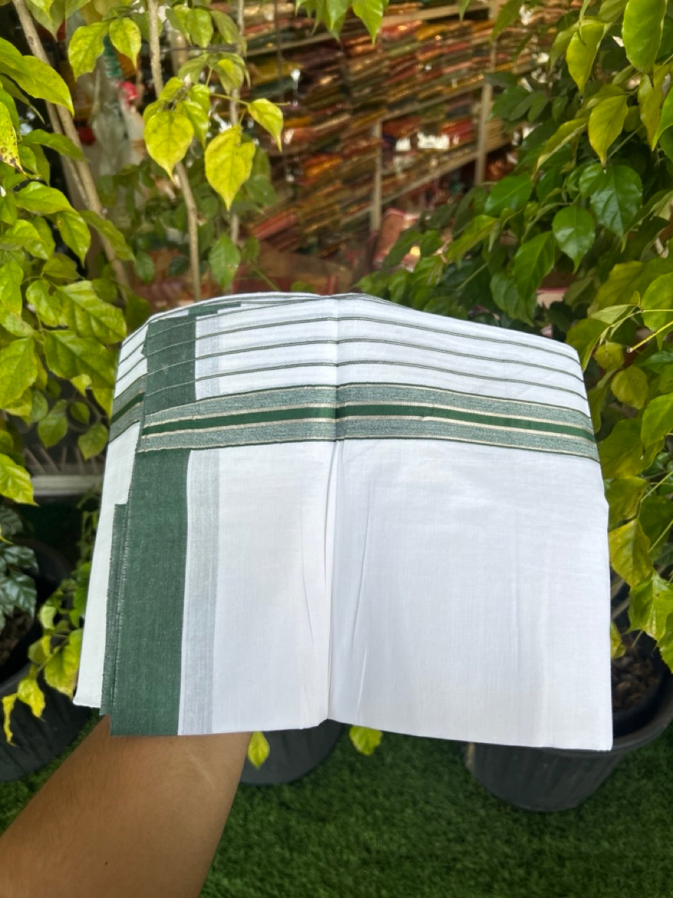 20% Discount ! KaithariKada Balaramapuram 100% Cotton Double Pure White Mundu/Dhoti - 100X80 - 6.5 inch Silver Kasav & Dark Green Stripes kara 3.90 mtr (8 muzham) - 10 KK5305 PMC