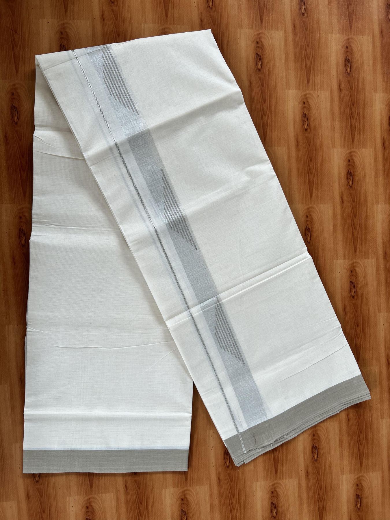 Double Off White (Unbleached) Mundu/Dhoti- 20% Discount! KaithariKada Pure Cotton - 100X80 - 1.25 inch Silver Kasav Shaded & Sand Brown Stripes Jacquard Design Kara - 4 mtr (8.5 Muzham) - 93 KK5452 THI