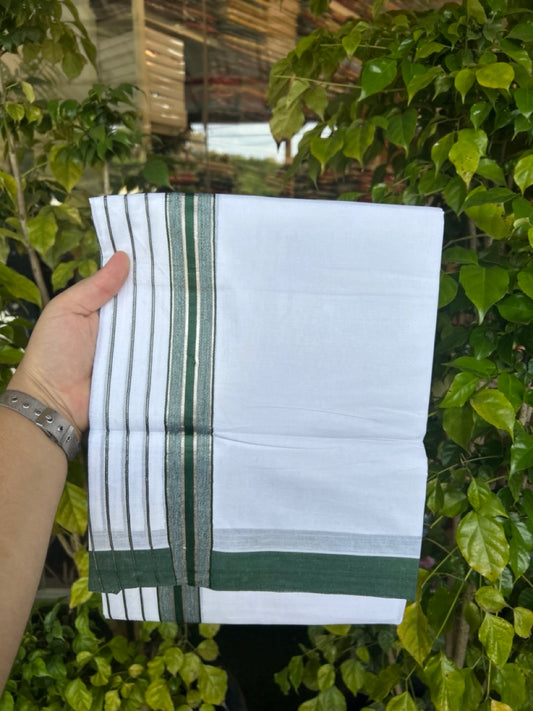 20% Discount ! KaithariKada Balaramapuram 100% Cotton Double Pure White Mundu/Dhoti - 100X80 - 6.5 inch Silver Kasav & Dark Green Stripes kara 3.90 mtr (8 muzham) - 10 KK5305 PMC