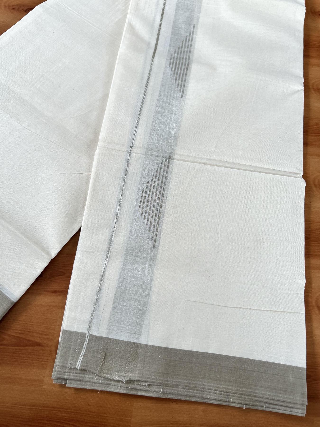 Double Off White (Unbleached) Mundu/Dhoti- 20% Discount! KaithariKada Pure Cotton - 100X80 - 1.25 inch Silver Kasav Shaded & Sand Brown Stripes Jacquard Design Kara - 4 mtr (8.5 Muzham) - 93 KK5452 THI