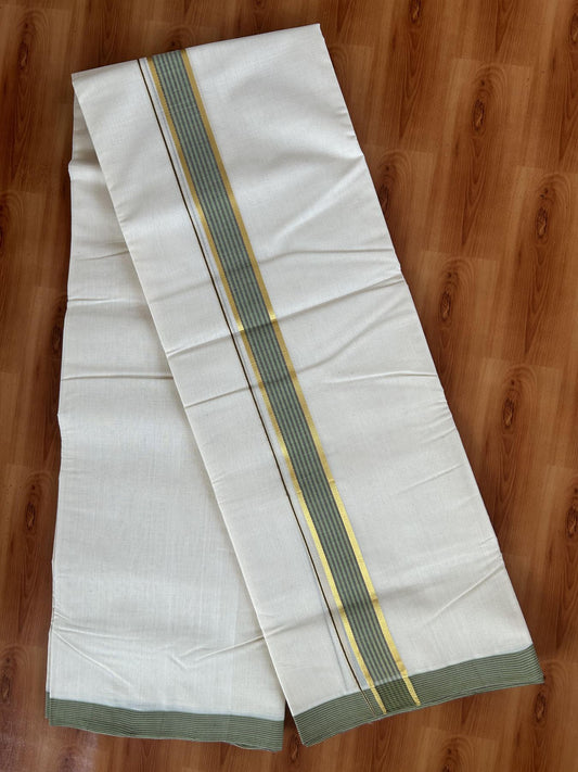 25% Discount! KaithariKada Handloom Millpaav - Kerala Handloom Cotton Double Mundu/Dhoti Off white (Unbleached) - 80x90 - 1.5 inch Gold Kasav Green & Brown shaded Stripes Kara 3.60 meter (8 Muzham) - 1 KK5383 RAM