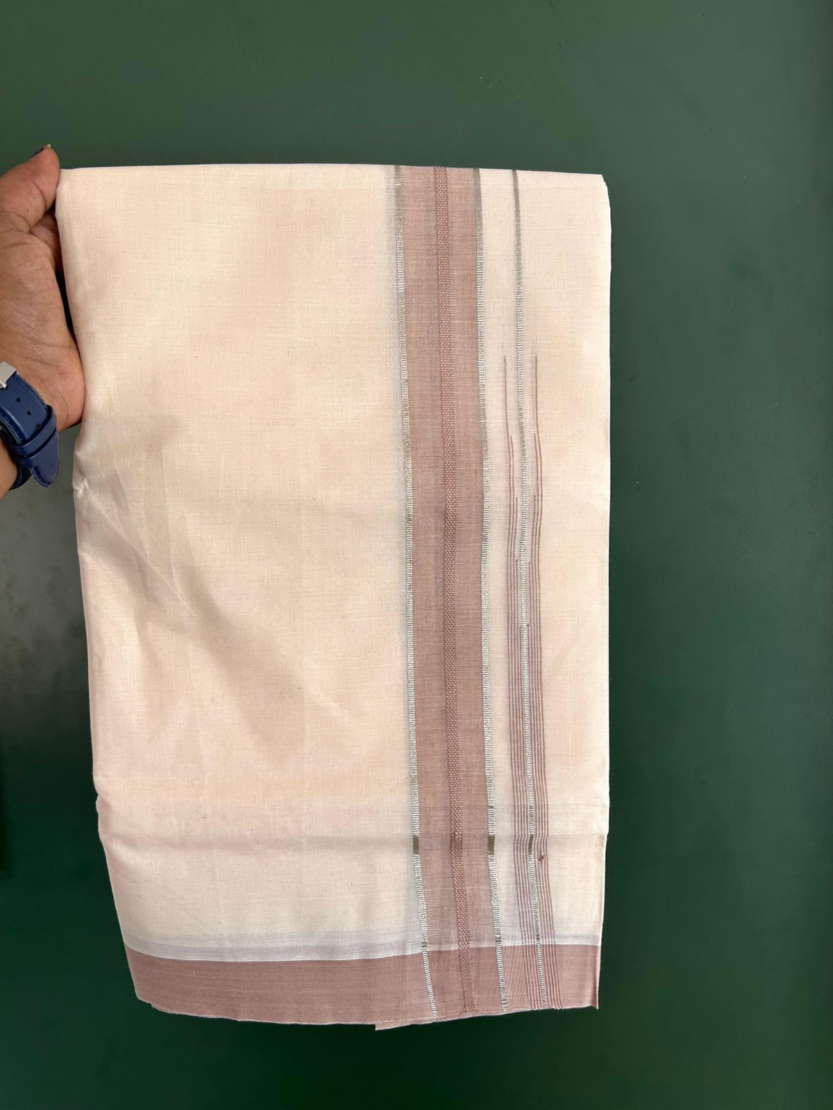 Double Off White (Unbleached) Mundu/Dhoti - 20% Discount! KaithariKada 100% Cotton - 80X90 - 1.5 inch Rose Beige Silver Kasav Chutty Kara 4 mtr (8.5 Muzham) - 14 KK5520 PMC