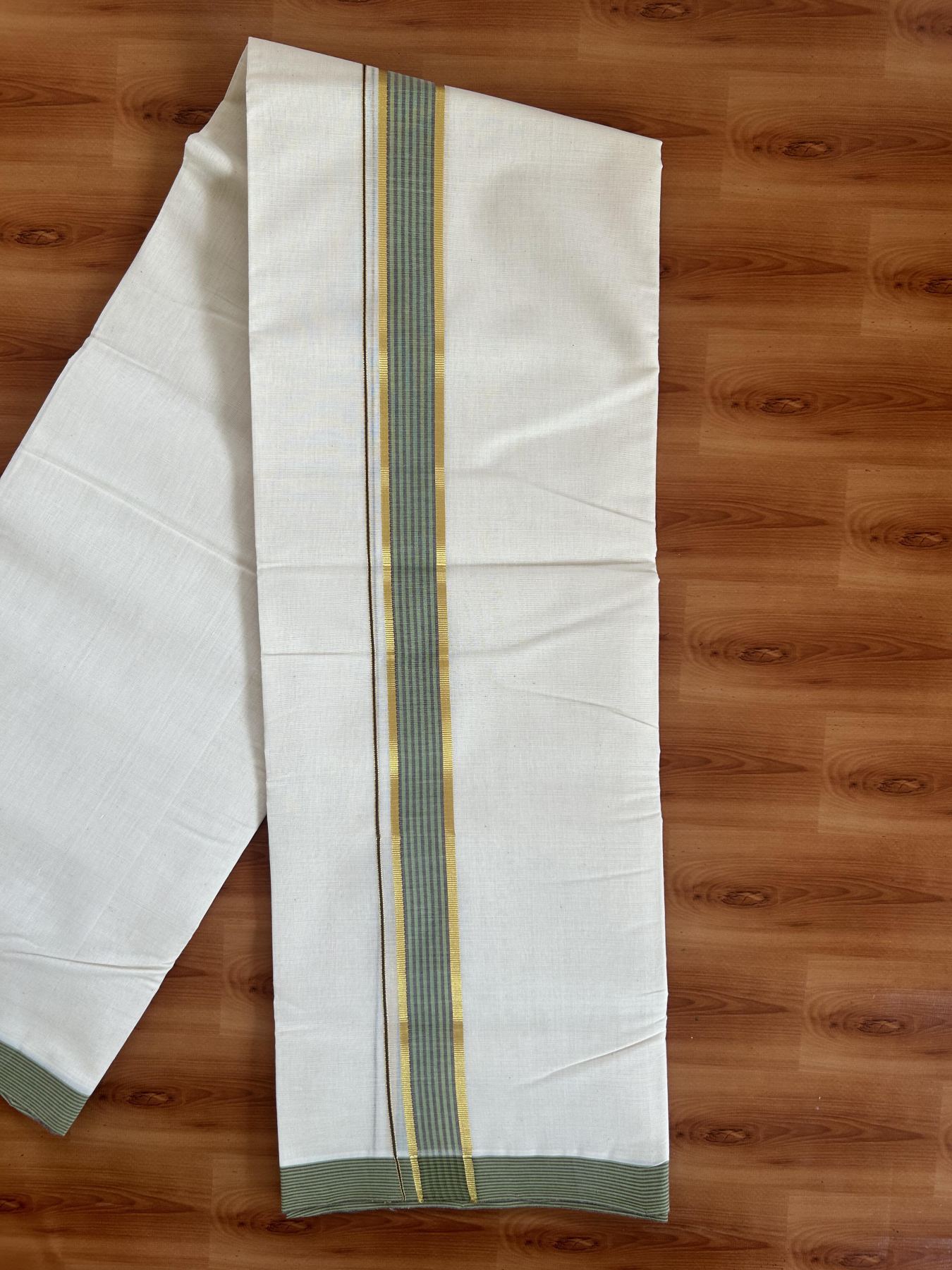 25% Discount! KaithariKada Handloom Millpaav - Kerala Handloom Cotton Double Mundu/Dhoti Off white (Unbleached) - 80x90 - 1.5 inch Gold Kasav Green & Brown shaded Stripes Kara 3.60 meter (8 Muzham) - 1 KK5383 RAM
