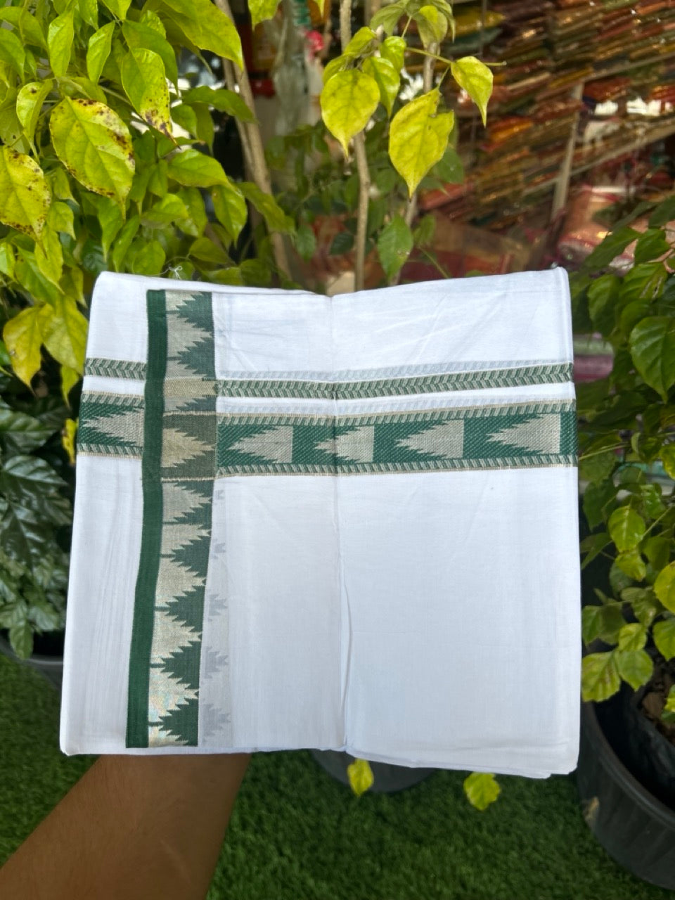 24% Discount ! KaithariKada Balaramapuram 100% Cotton Double Pure White Mundu/Dhoti - 100X80 - 1.25 inch Silver Kasav & Green Jacquard Design kara 3.90 mtr (8 Muzham) - 9 KK5305 PMC