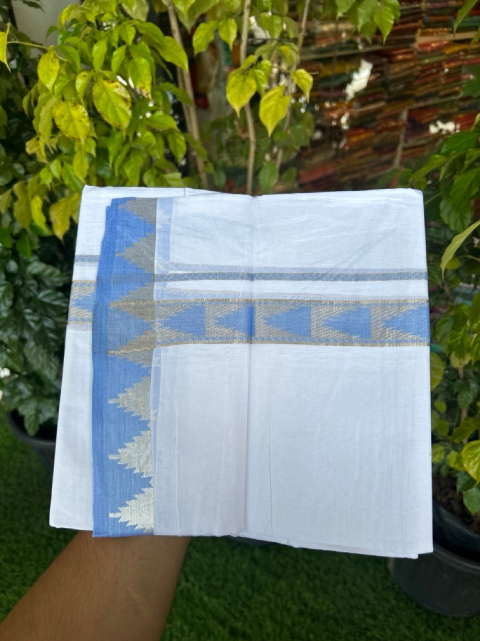 24% Discount ! KaithariKada Balaramapuram 100% Cotton Double Pure White Mundu/Dhoti - 100X80 - 1.25 inch Silver Kasav & Sky Blue Jacquard Design kara 3.90 mtr (8 Muzham) - 2 KK5305 PMC