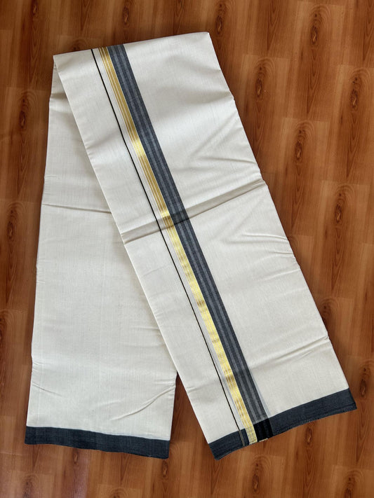 25% Discount! KaithariKada Handloom Millpaav - Kerala Handloom Cotton Double Mundu/Dhoti Off white (Unbleached) - 80x90 - 1.5 inch Gold Kasav & Black shaded Stripes Kara 3.60 meter (8 Muzham) - 4 KK5383 RAM