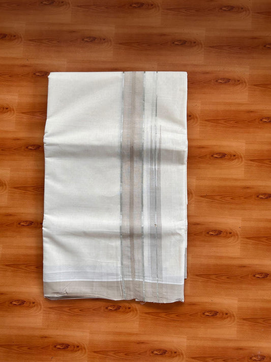 Double Off White (Unbleached) Mundu/Dhoti - 20% Discount! KaithariKada 100% Cotton - 80X90 - 1.5 inch Light Brown Silver Kasav Chutty Kara 4 mtr (8.5 Muzham) - 15 KK5520 PMC
