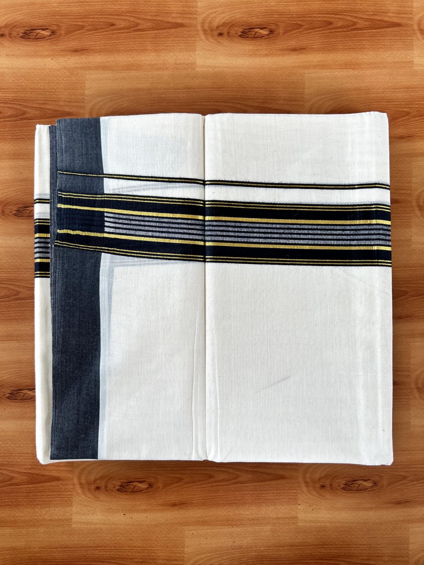 Double Off White (Unbleached) Mundu/Dothi- 20% Discount! Kaitharikada 100% Pure Cotton - 100x80 - 1.5 inch Gold Kasav & Black Shaded Striped Kara 4 mtr (8.5 muzham) - 64 KK5452 THI