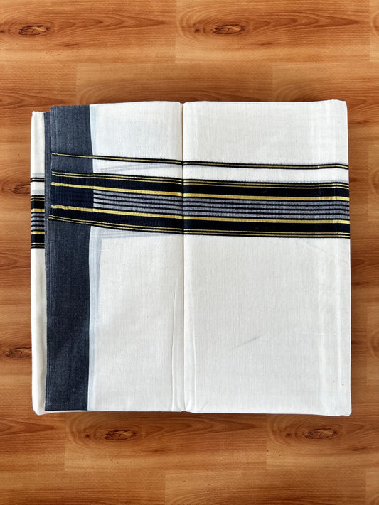 Double Off White (Unbleached) Mundu/Dothi- 20% Discount! Kaitharikada 100% Pure Cotton - 100x80 - 1.5 inch Gold Kasav & Black Shaded Striped Kara 4 mtr (8.5 muzham) - 64 KK5452 THI