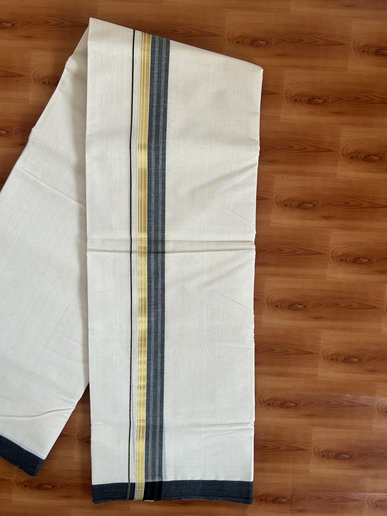 25% Discount! KaithariKada Handloom Millpaav - Kerala Handloom Cotton Double Mundu/Dhoti Off white (Unbleached) - 80x90 - 1.5 inch Gold Kasav & Black shaded Stripes Kara 3.60 meter (8 Muzham) - 4 KK5383 RAM