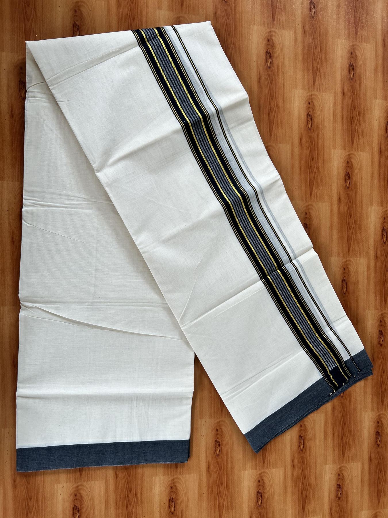 Double Off White (Unbleached) Mundu/Dothi- 20% Discount! Kaitharikada 100% Pure Cotton - 100x80 - 1.5 inch Gold Kasav & Black Shaded Striped Kara 4 mtr (8.5 muzham) - 64 KK5452 THI