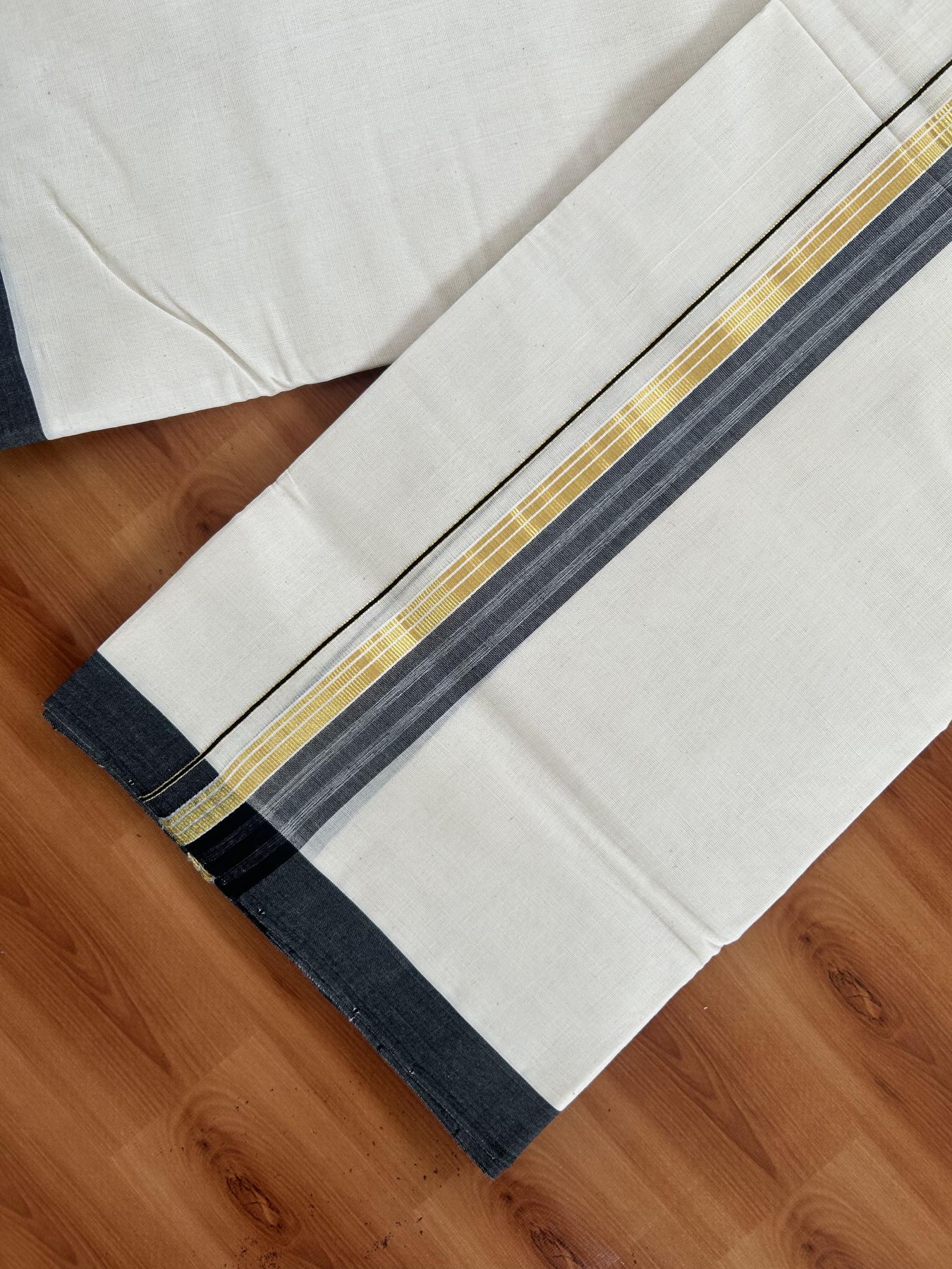 25% Discount! KaithariKada Handloom Millpaav - Kerala Handloom Cotton Double Mundu/Dhoti Off white (Unbleached) - 80x90 - 1.5 inch Gold Kasav & Black shaded Stripes Kara 3.60 meter (8 Muzham) - 4 KK5383 RAM
