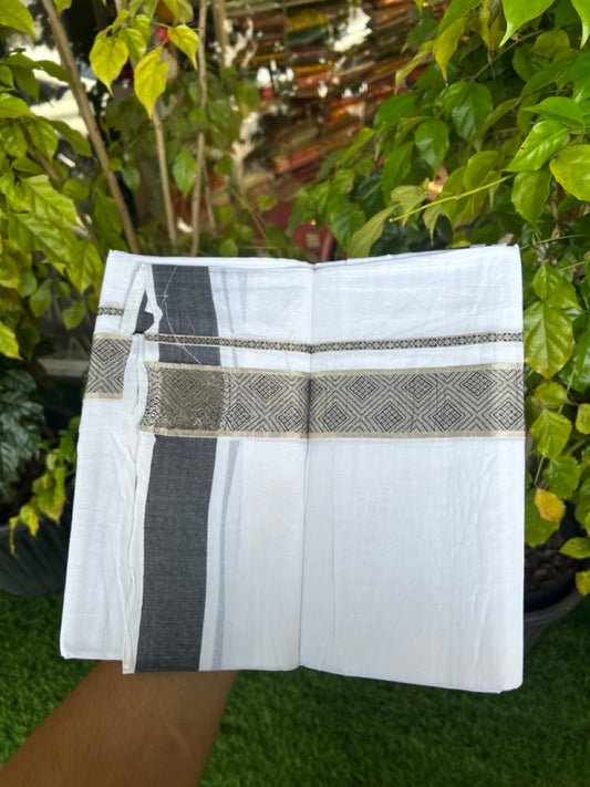 20% Discount! KaithariKada Balaramapuram 100% Cotton Double Pure white Mundu/Dhoti - 100x80 - 1.5 Inch Silver Kasav Black jacquard pattern Kara 3.90 mtr(8 muzham) - 1 KK5305 PMC