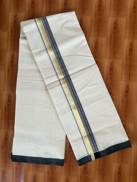 25% Discount! KaithariKada Handloom Millpaav - Kerala Handloom Cotton Double Mundu/Dhoti Off white (Unbleached) - 80x90 - 1.75 inch Gold Kasav & Black shaded Stripes Kara 3.60 meter (8 Muzham) - 5 KK5383 RAM