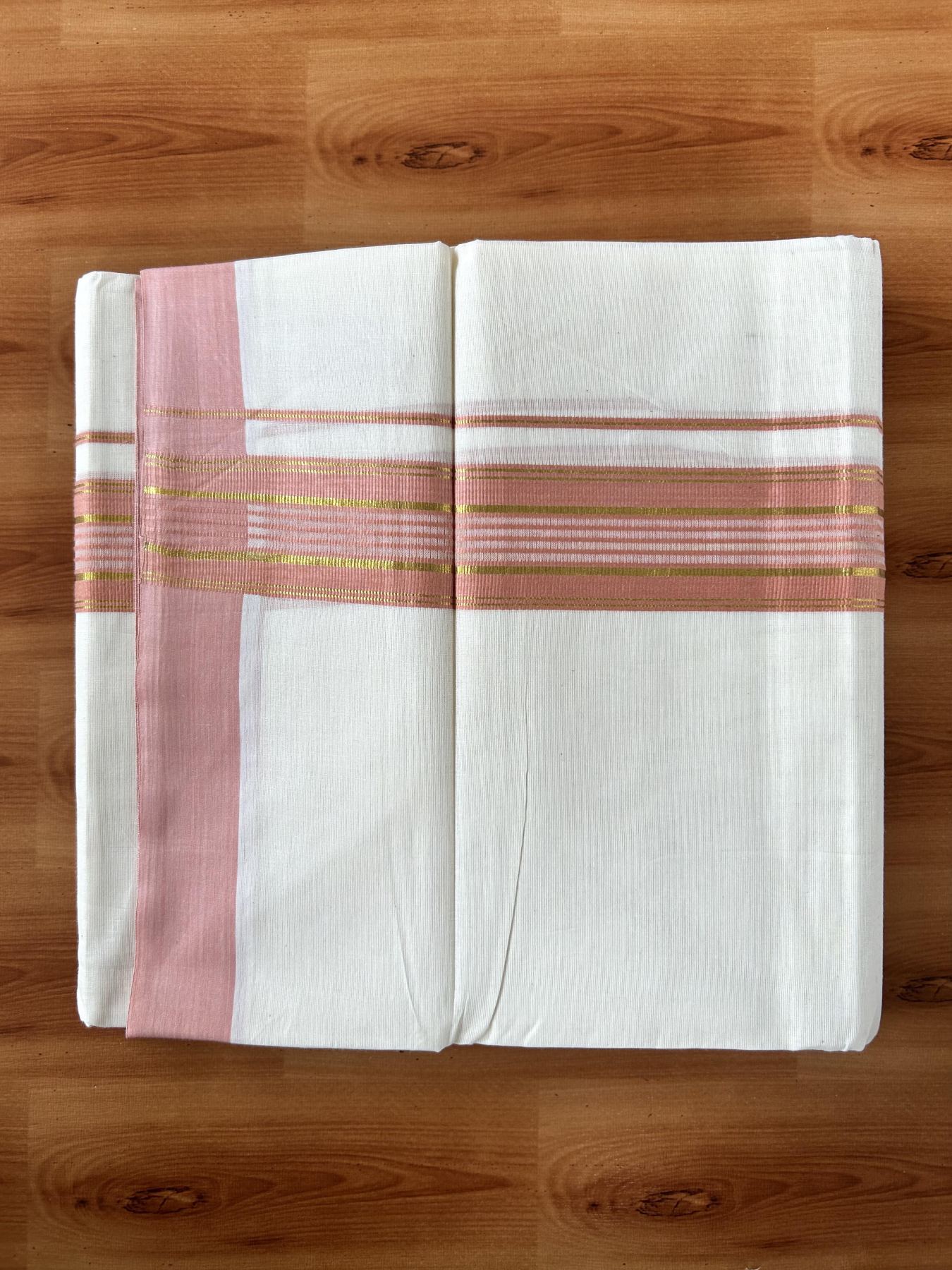Double Off White (Unbleached) Mundu/Dothi- 20% Discount! Kaitharikada 100% Pure Cotton - 100x80 - 1.5 inch Gold Kasav & Peach Shaded Striped Kara 4 mtr (8.5 muzham) - 63 KK5452 THI