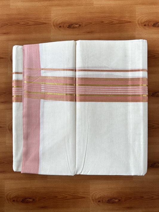Double Off White (Unbleached) Mundu/Dothi- 20% Discount! Kaitharikada 100% Pure Cotton - 100x80 - 1.5 inch Gold Kasav & Peach Shaded Striped Kara 4 mtr (8.5 muzham) - 63 KK5452 THI