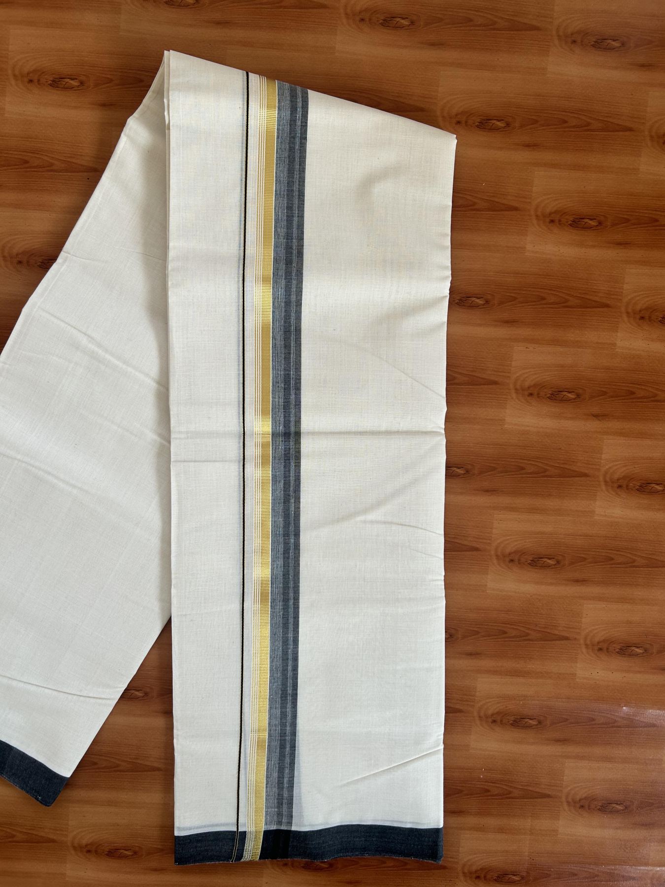 25% Discount! KaithariKada Handloom Millpaav - Kerala Handloom Cotton Double Mundu/Dhoti Off white (Unbleached) - 80x90 - 1.75 inch Gold Kasav & Black shaded Stripes Kara 3.60 meter (8 Muzham) - 5 KK5383 RAM