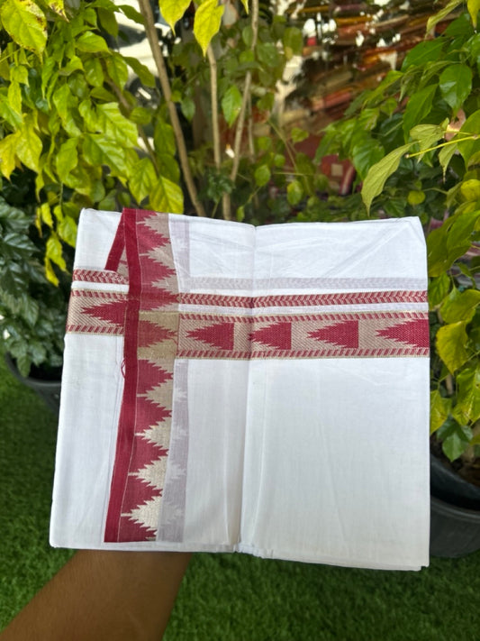24% Discount ! KaithariKada Balaramapuram 100% Cotton Double Pure White Mundu/Dhoti - 100X80 - 1.25 inch Silver Kasav & Reddish Maroon Jacquard Design kara 3.90 mtr (8 Muzham) - 3 KK5305 PMC
