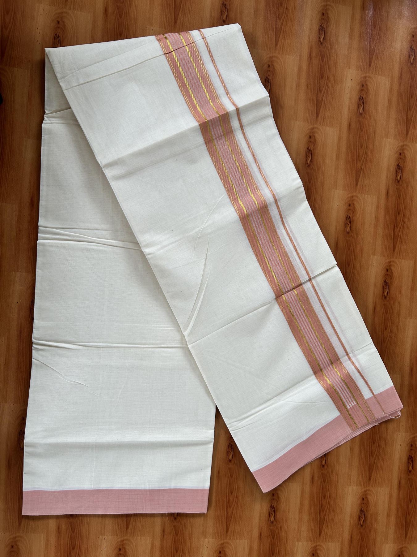 Double Off White (Unbleached) Mundu/Dothi- 20% Discount! Kaitharikada 100% Pure Cotton - 100x80 - 1.5 inch Gold Kasav & Peach Shaded Striped Kara 4 mtr (8.5 muzham) - 63 KK5452 THI