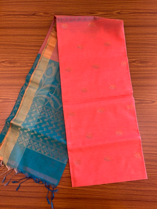 KaithariKada- Balaramapuram Saree - 100% PURE Cotton Silk - Peacock Green & Peach Orange Design - 2KK1006KK