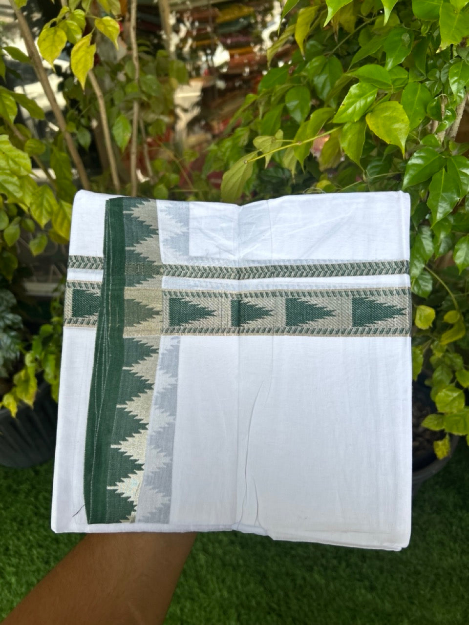 24% Discount ! KaithariKada Balaramapuram 100% Cotton Double Pure White Mundu/Dhoti - 100X80 - 1.25 inch Silver Kasav & Green Jacquard Design kara 3.90 mtr (8 Muzham) - 8 KK5305 PMC