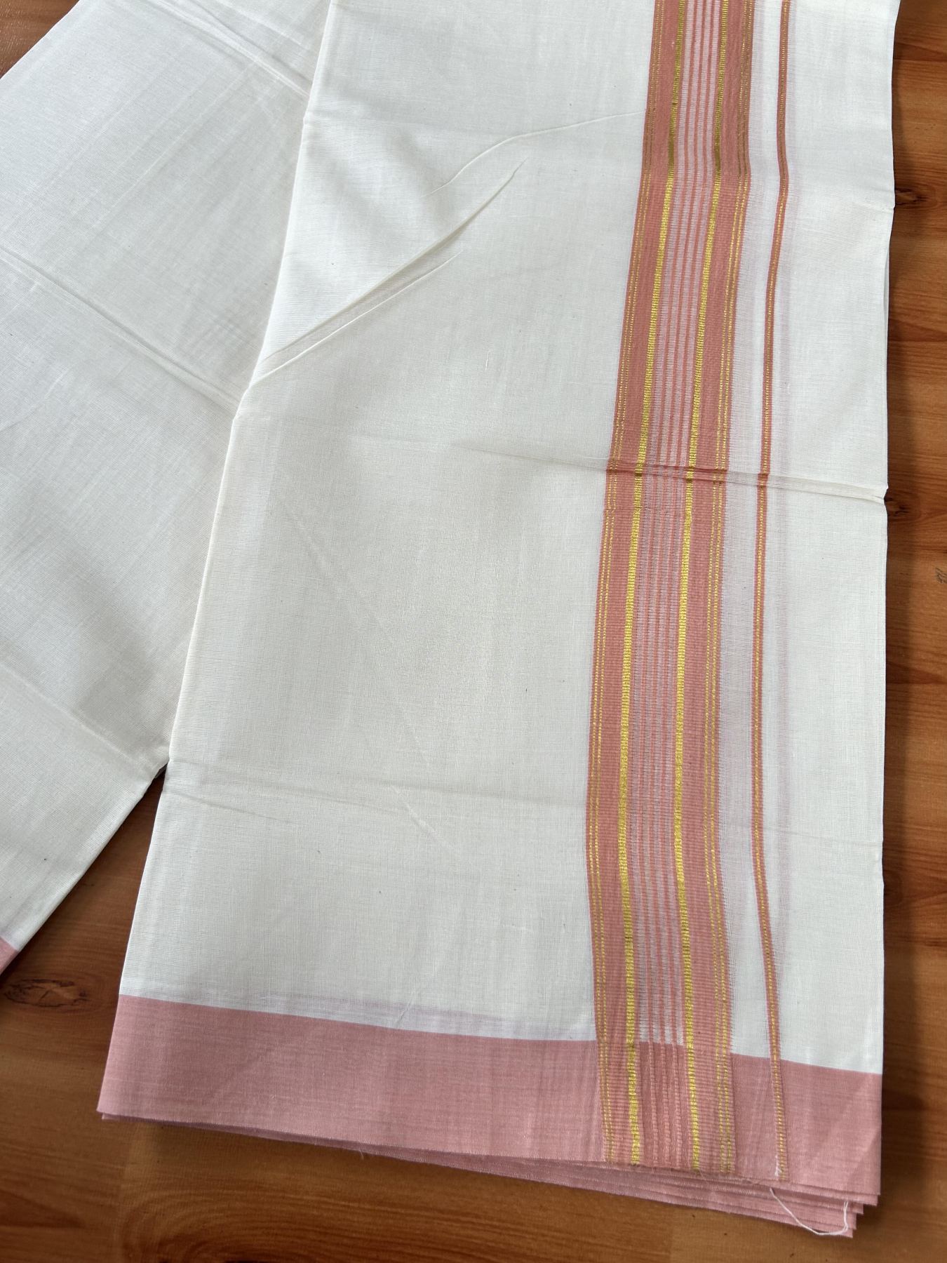 Double Off White (Unbleached) Mundu/Dothi- 20% Discount! Kaitharikada 100% Pure Cotton - 100x80 - 1.5 inch Gold Kasav & Peach Shaded Striped Kara 4 mtr (8.5 muzham) - 63 KK5452 THI
