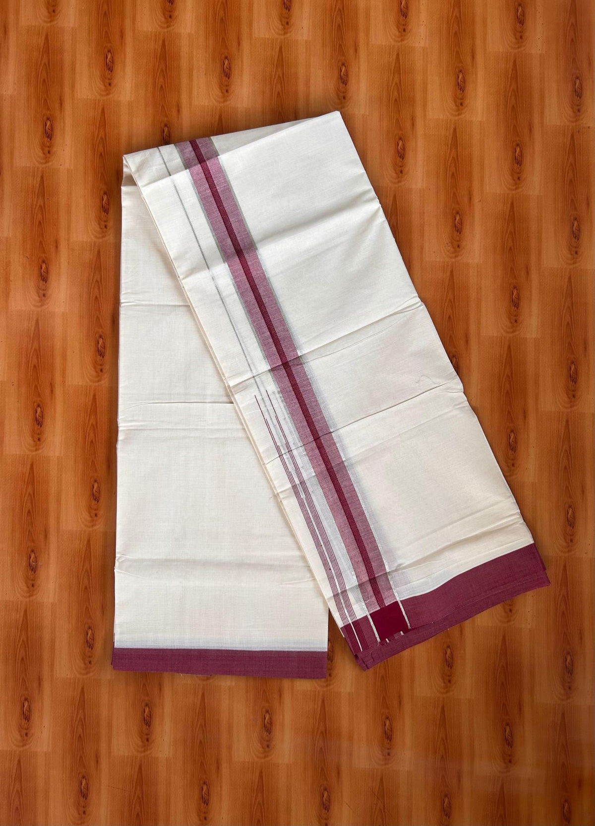 Double Off White (Unbleached) Mundu/Dhoti - 20% Discount! KaithariKada 100% Cotton - 80X90 - 1.5 inch Maroon Silver Kasav Chutty Kara 4 mtr (8.5 Muzham) - 17 KK5520 PMC