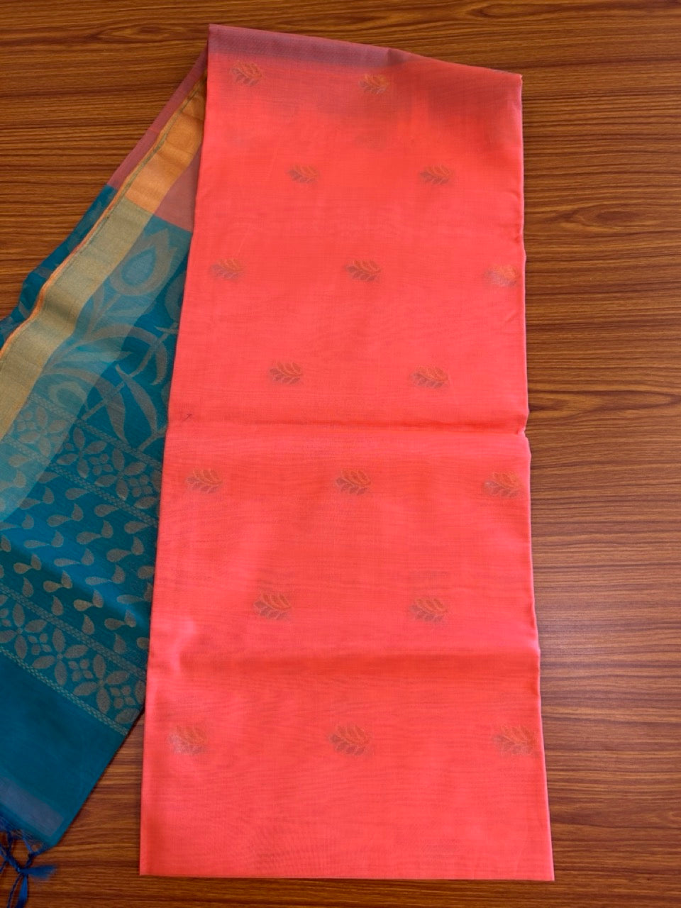 KaithariKada- Balaramapuram Saree - 100% PURE Cotton Silk - Peacock Green & Peach Orange Design - 2KK1006KK