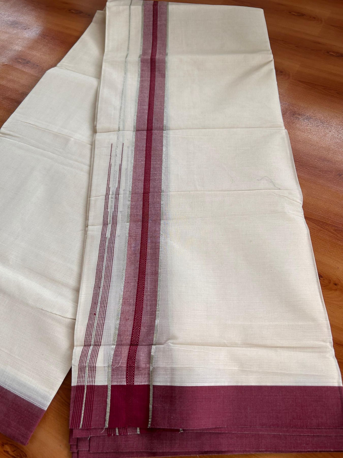 Double Off White (Unbleached) Mundu/Dhoti - 20% Discount! KaithariKada 100% Cotton - 80X90 - 1.5 inch Maroon Silver Kasav Chutty Kara 4 mtr (8.5 Muzham) - 17 KK5520 PMC