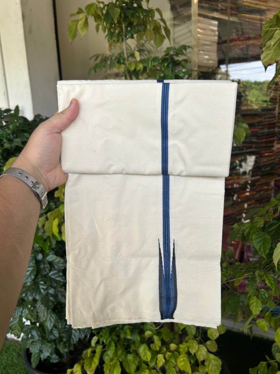 20% Discount ! KaithariKada Balaramapuram 100%  Cotton Single Off White - (Unbleached) Mundu/Dhoti-100X100- 1 Inch  Puliyilakkara Black & Blue Chutty Kara (2 meter / 4 muzham)- 10 KK5303 ASH