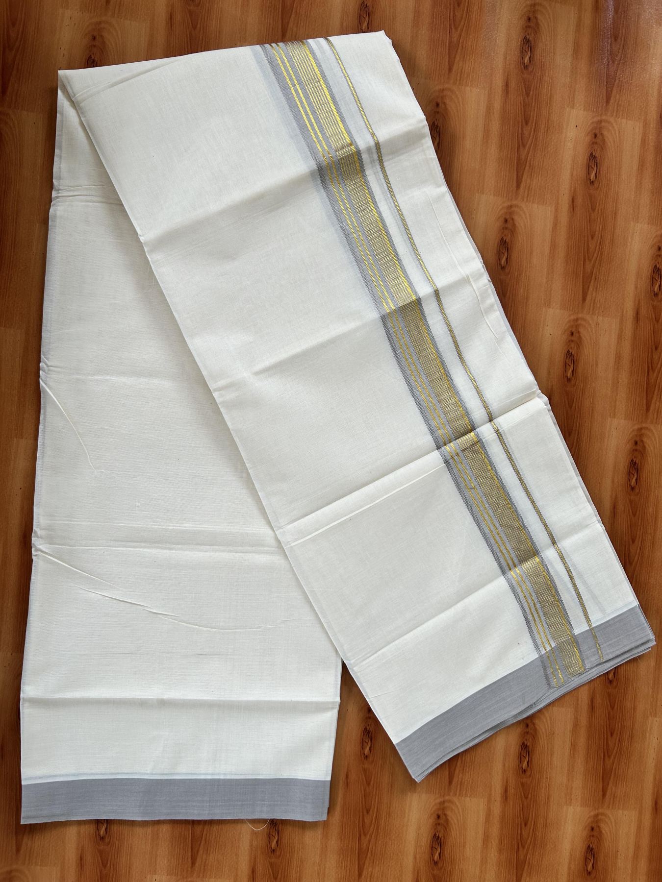 Double Off White (Unbleached) Mundu/Dothi- 20% Discount! Kaitharikada 100% Pure Cotton - 100x80 - 1.5 inch Gold Kasav & Grey Shaded Striped Kara 4 mtr (8.5 muzham) - 65 KK5452 THI