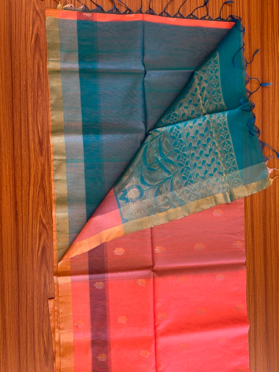 KaithariKada- Balaramapuram Saree - 100% PURE Cotton Silk - Peacock Green & Peach Orange Design - 2KK1006KK