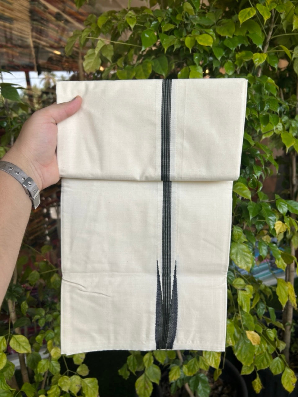 20% Discount ! KaithariKada Balaramapuram 100%  Cotton Single Off White - (Unbleached) Mundu/Dhoti-100X100- 1 Inch  Puliyilakkara Black & Olive Green Chutty Kara (2 meter / 4 muzham)- 11 KK5303 ASH