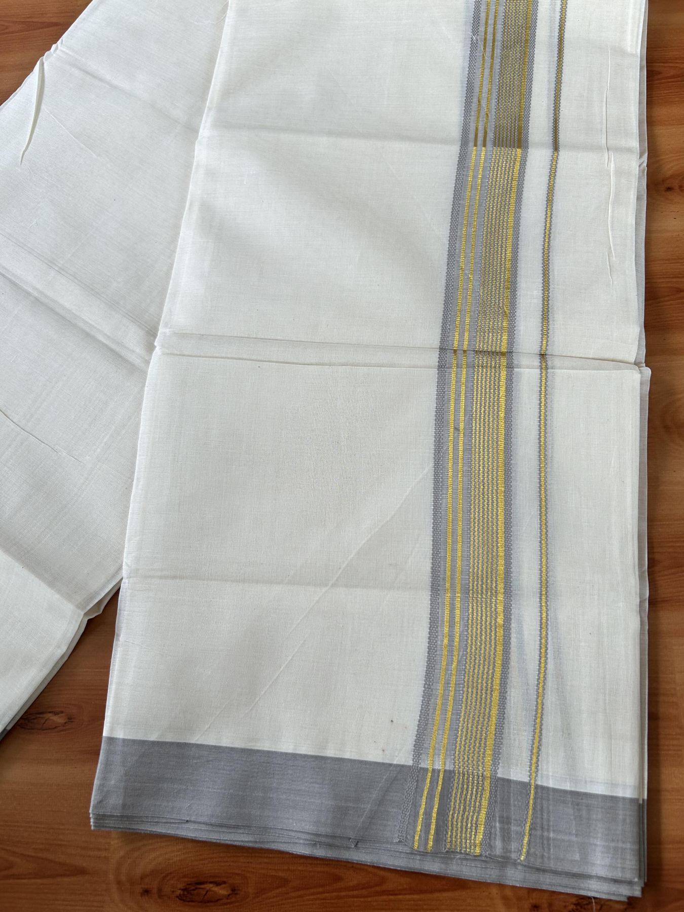 Double Off White (Unbleached) Mundu/Dothi- 20% Discount! Kaitharikada 100% Pure Cotton - 100x80 - 1.5 inch Gold Kasav & Grey Shaded Striped Kara 4 mtr (8.5 muzham) - 65 KK5452 THI