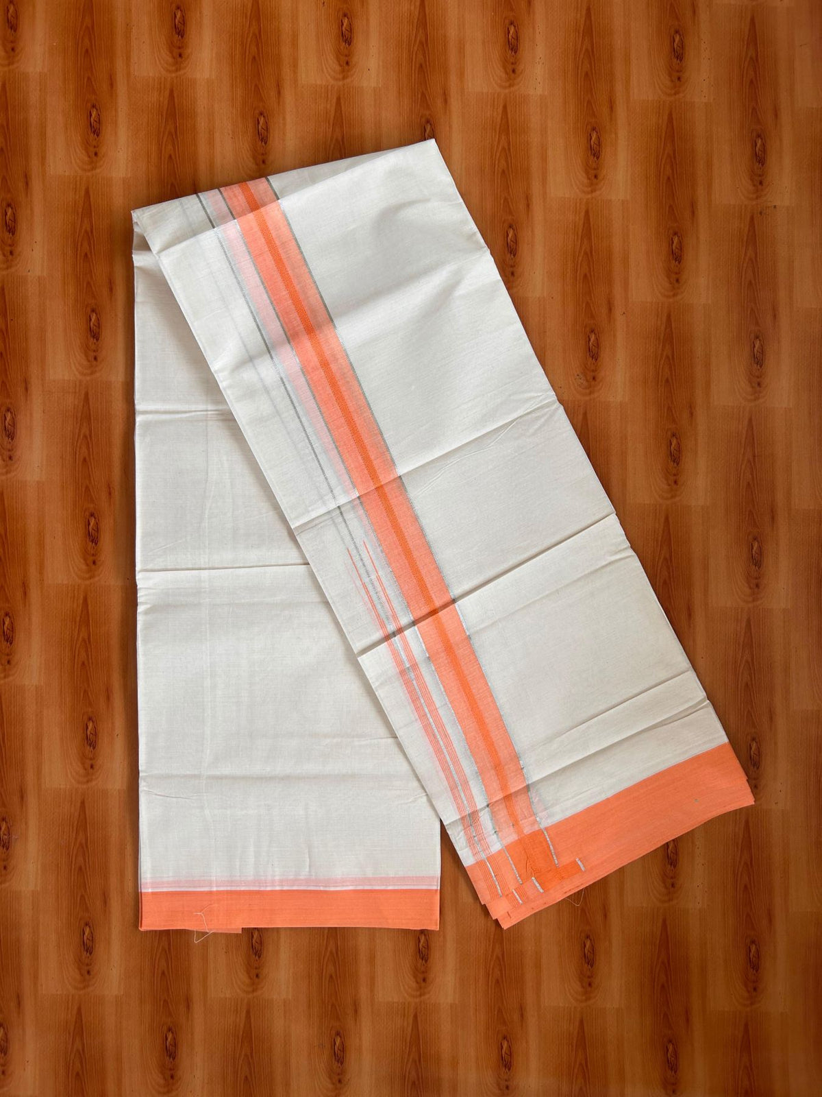 Double Off White (Unbleached) Mundu/Dhoti - 20% Discount! KaithariKada 100% Cotton - 80X90 - 1.5 inch Orange Peach Silver Kasav Chutty Kara 4 mtr (8.5 Muzham) - 18 KK5520 PMC