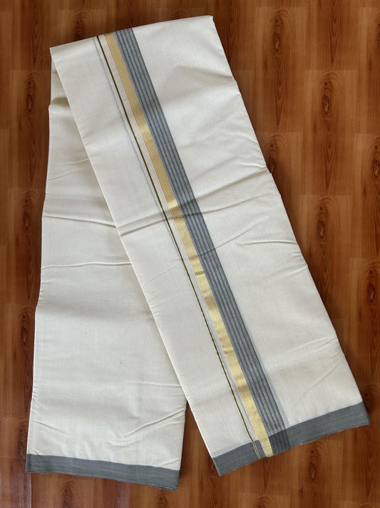 25% Discount! KaithariKada Handloom Millpaav - Kerala Handloom Cotton Double Mundu/Dhoti Off white (Unbleached) - 80x90 - 1.75 inch Gold Kasav & Grey shaded Stripes Kara 3.60 meter (8 Muzham) - 2 KK5383 RAM